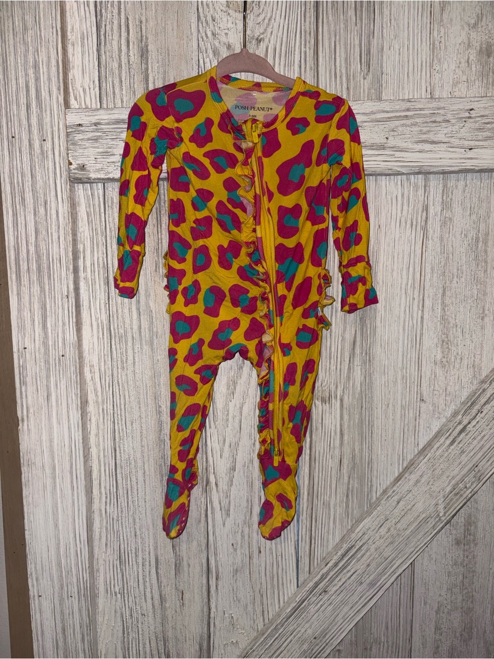 Posh Peanut Yellow Footed One-Piece with Pink and Teal Leopard - 3/6M
